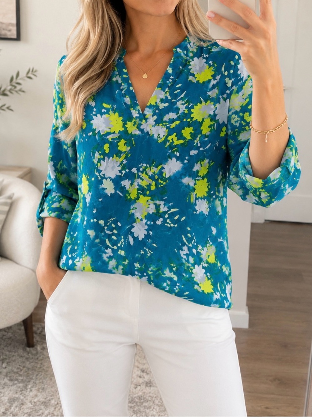 Decree Teal Floral Split-Neck Blouse with Lime & White Accents